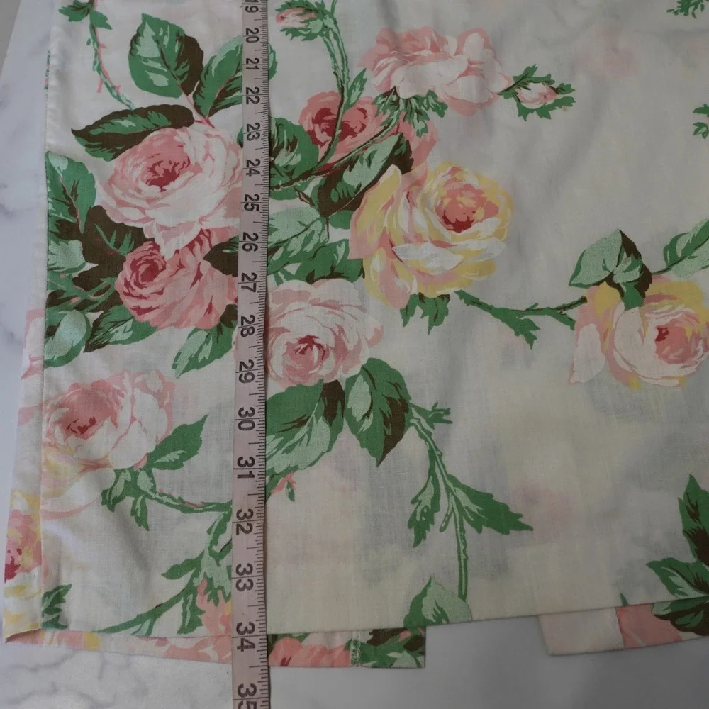 Vtg 90s Rose Print Midi Skirt Women 13 White Floral High Rise Pencil Shabby Chic